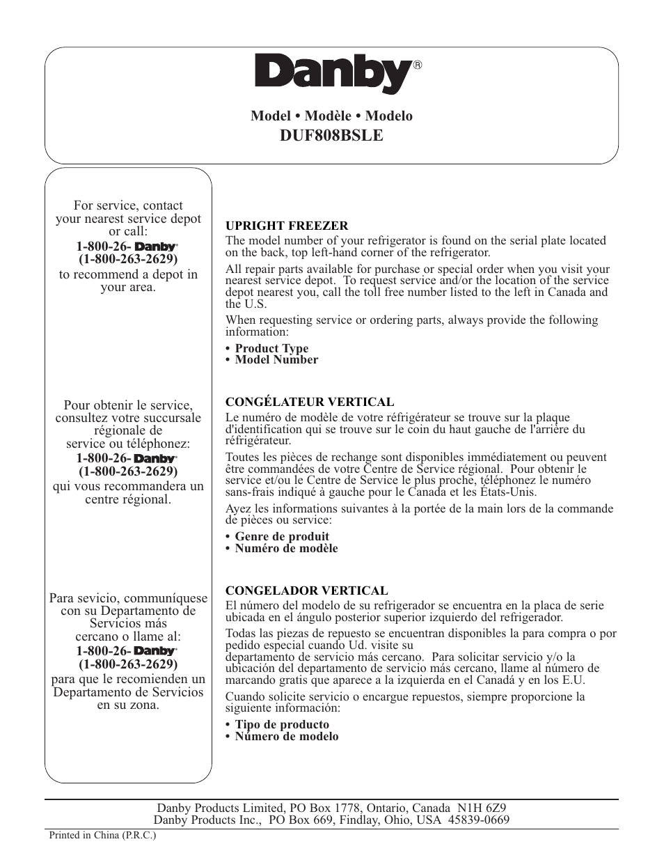 Duf808bsle | Danby DUF808BSLE User Manual | Page 14 / 14