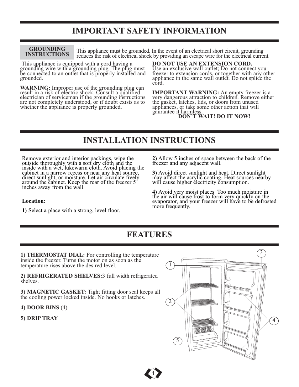 Important safety information, Installation instructions features | Danby DUF808BSLE User Manual | Page 2 / 14