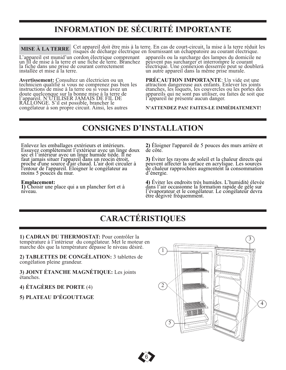 Information de sécurité importante, Consignes d’installation caractéristiques | Danby DUF808BSLE User Manual | Page 6 / 14