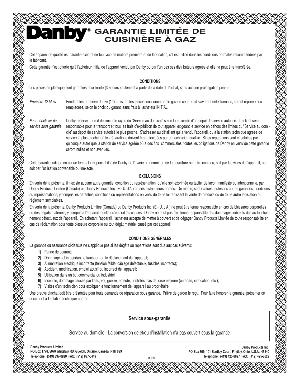 Garantie limitée de cuisinière à gaz | Danby DR2009WGLP User Manual | Page 34 / 35