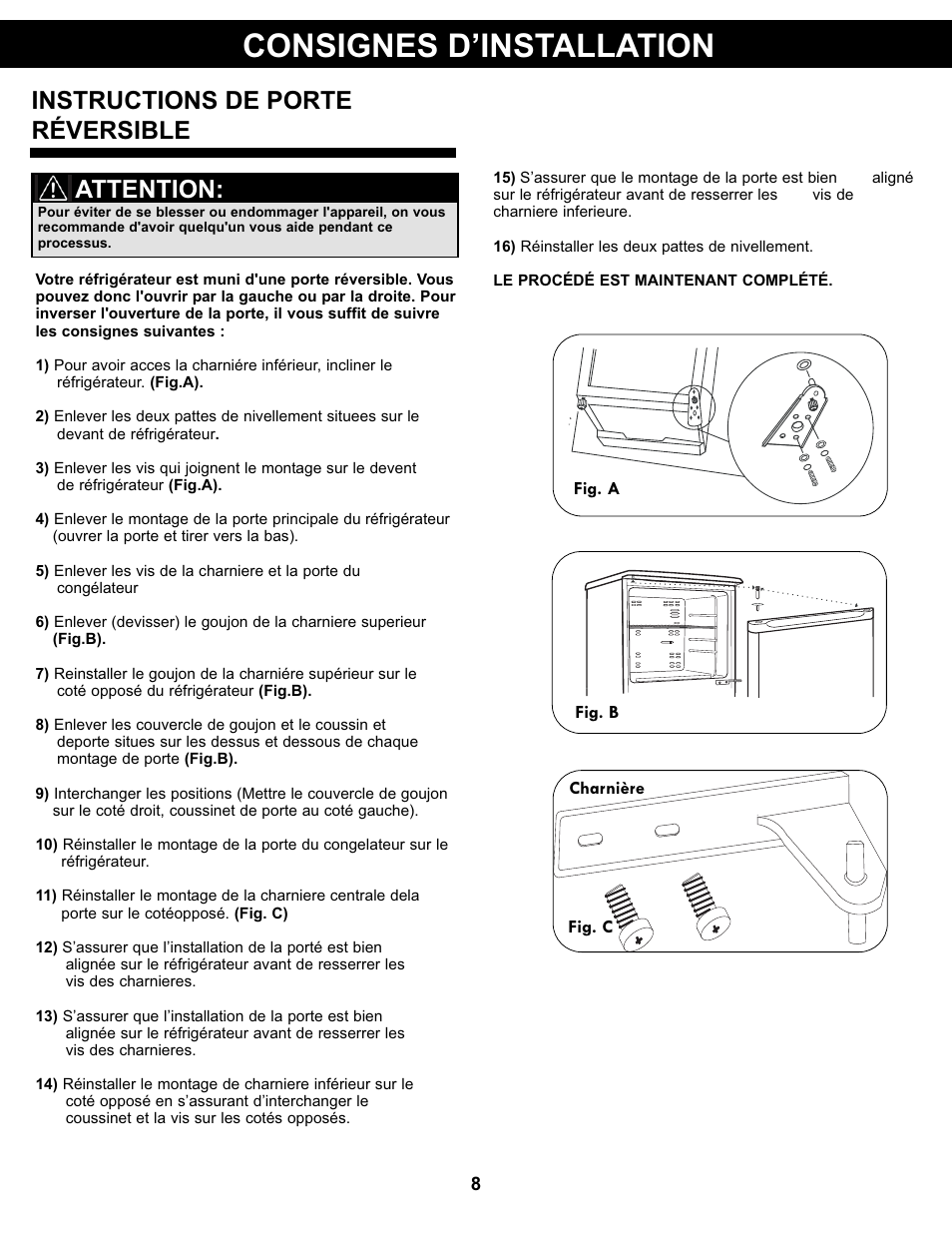 Consignes d’installation, Instructions de porte réversible, Attention | Danby DFF311WDD User Manual | Page 10 / 21