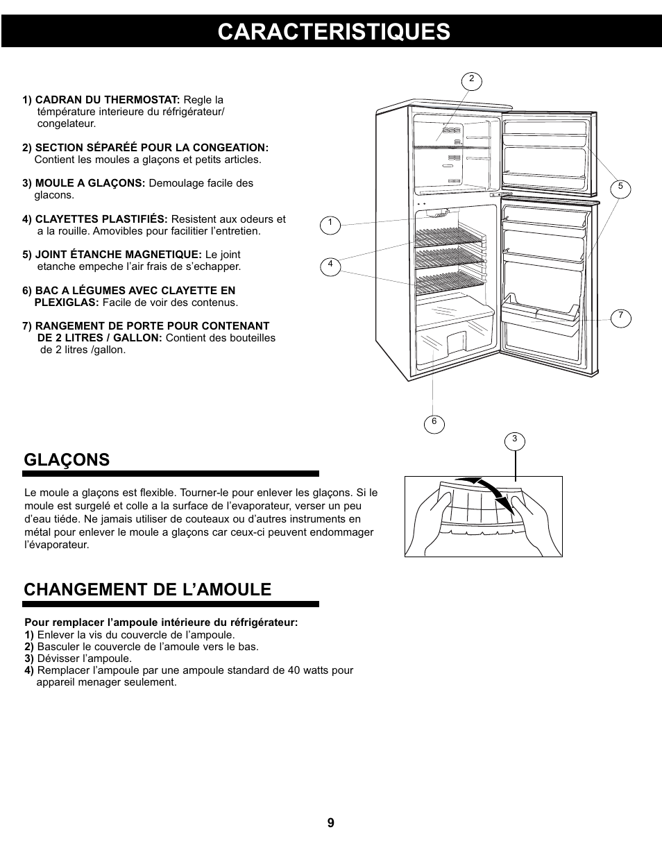 Caracteristiques, Glaçons changement de l’amoule | Danby DFF311WDD User Manual | Page 11 / 21