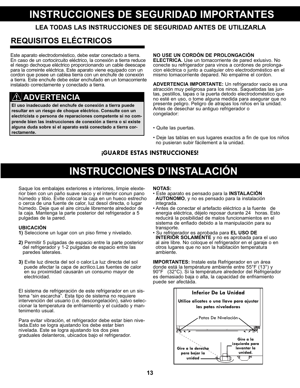 Instrucciones de seguridad importantes, Instrucciones d’instalación, Requisitos eléctricos | Advertencia, Guarde estas instrucciones | Danby DFF311WDD User Manual | Page 15 / 21
