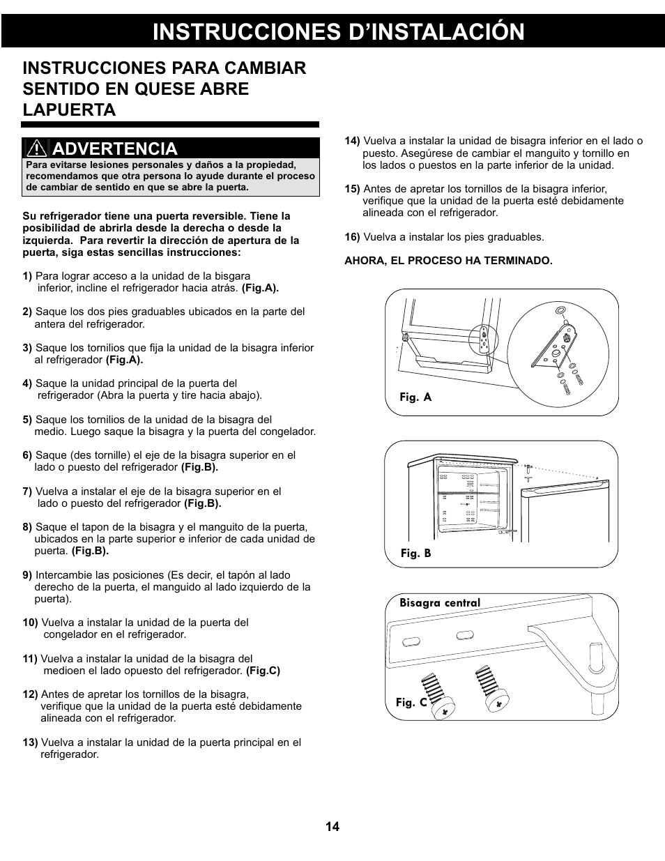 Instrucciones d’instalación, Advertencia | Danby DFF311WDD User Manual | Page 16 / 21