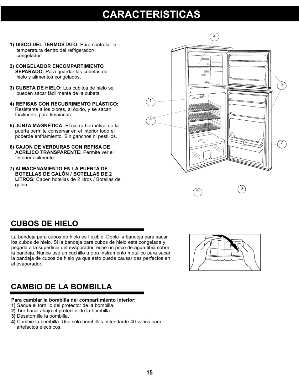 Caracteristicas, Cubos de hielo cambio de la bombilla | Danby DFF311WDD User Manual | Page 17 / 21