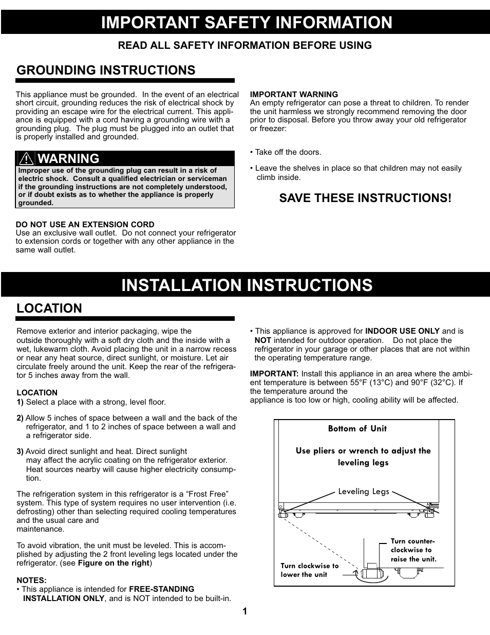 Location, Warning, Grounding instructions | Save these instructions | Danby DFF311WDD User Manual | Page 3 / 21