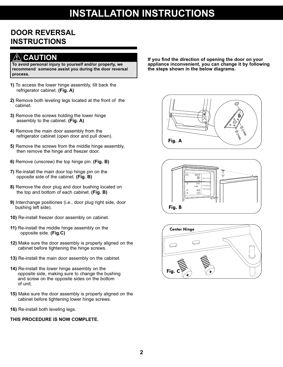 Installation instructions, Door reversal instructions, Caution | Danby DFF311WDD User Manual | Page 4 / 21