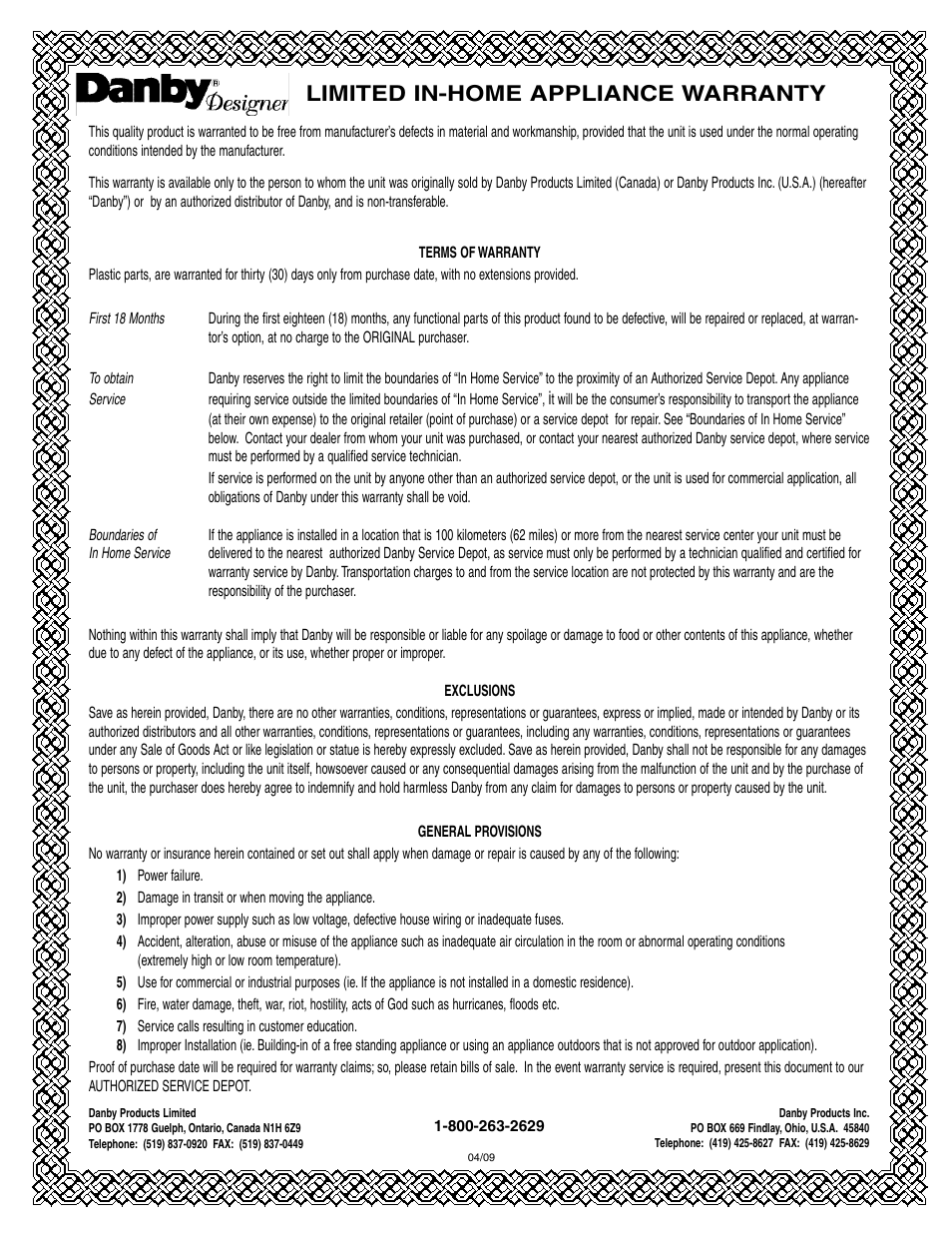 Limited in-home appliance warranty | Danby DFF311WDD User Manual | Page 8 / 21