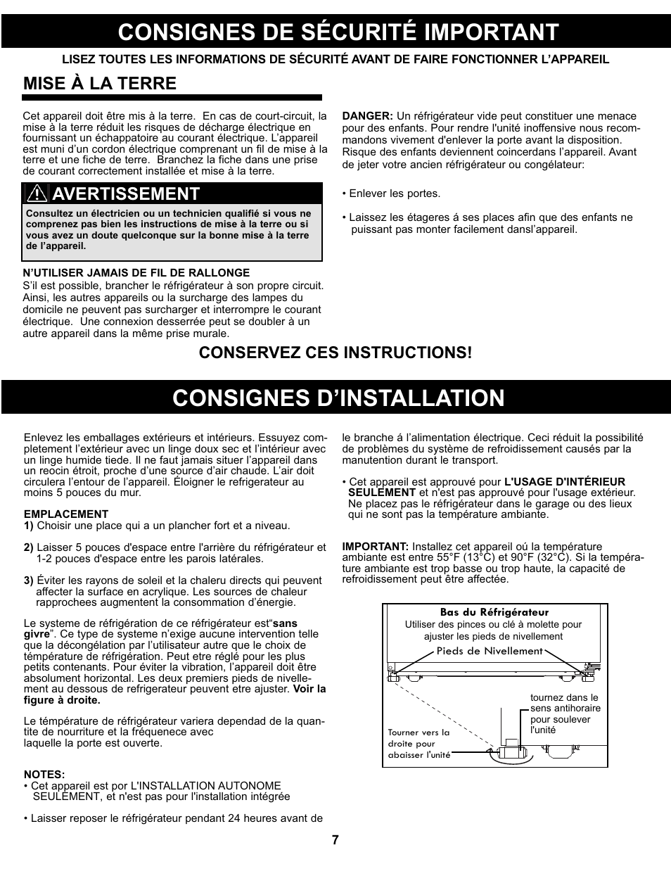Consignes de sécurité important, Consignes d’installation, Mise à la terre | Avertissement, Conservez ces instructions | Danby DFF311WDD User Manual | Page 9 / 21
