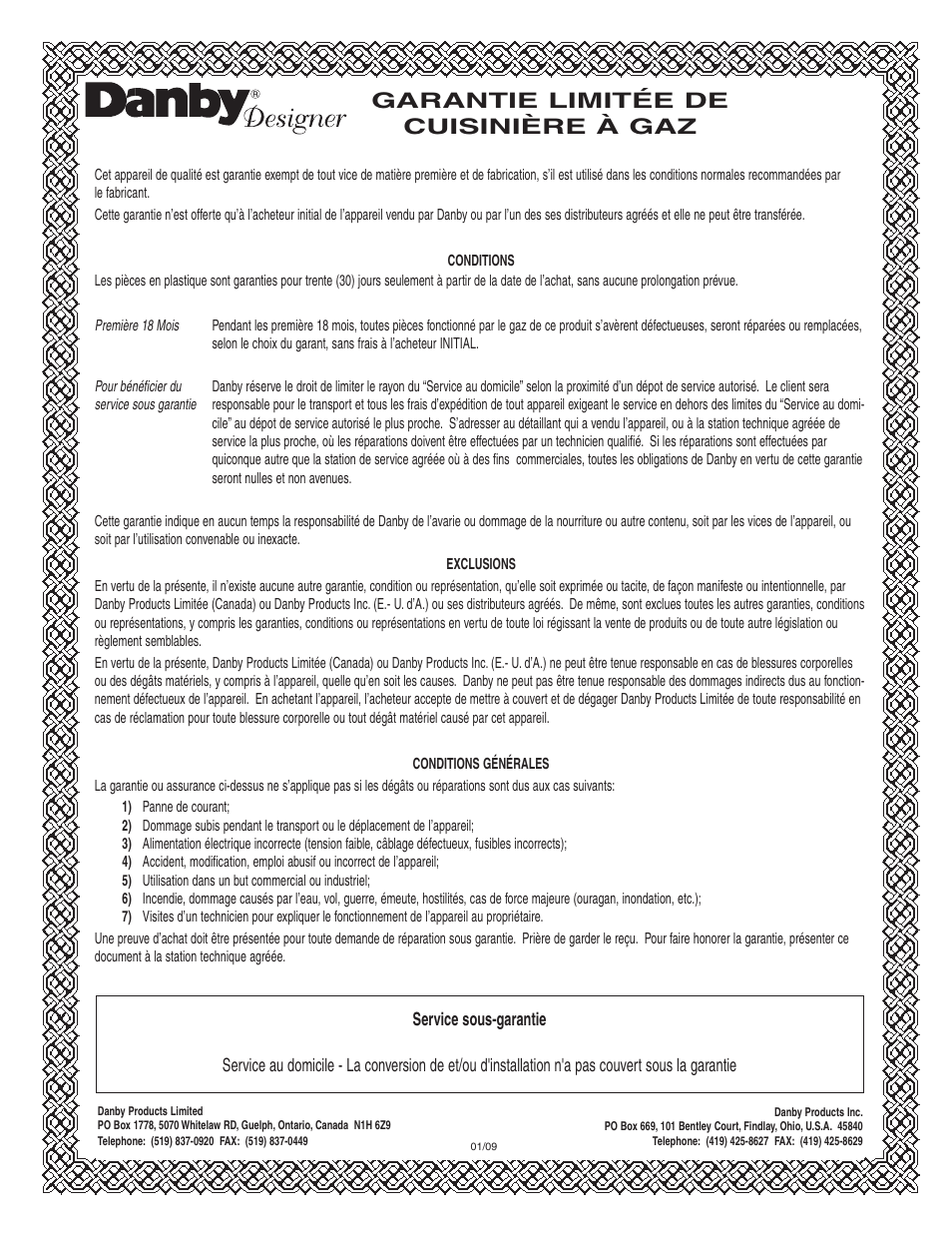 Garantie limitée de cuisinière à gaz | Danby DR299BLSGLP User Manual | Page 34 / 35