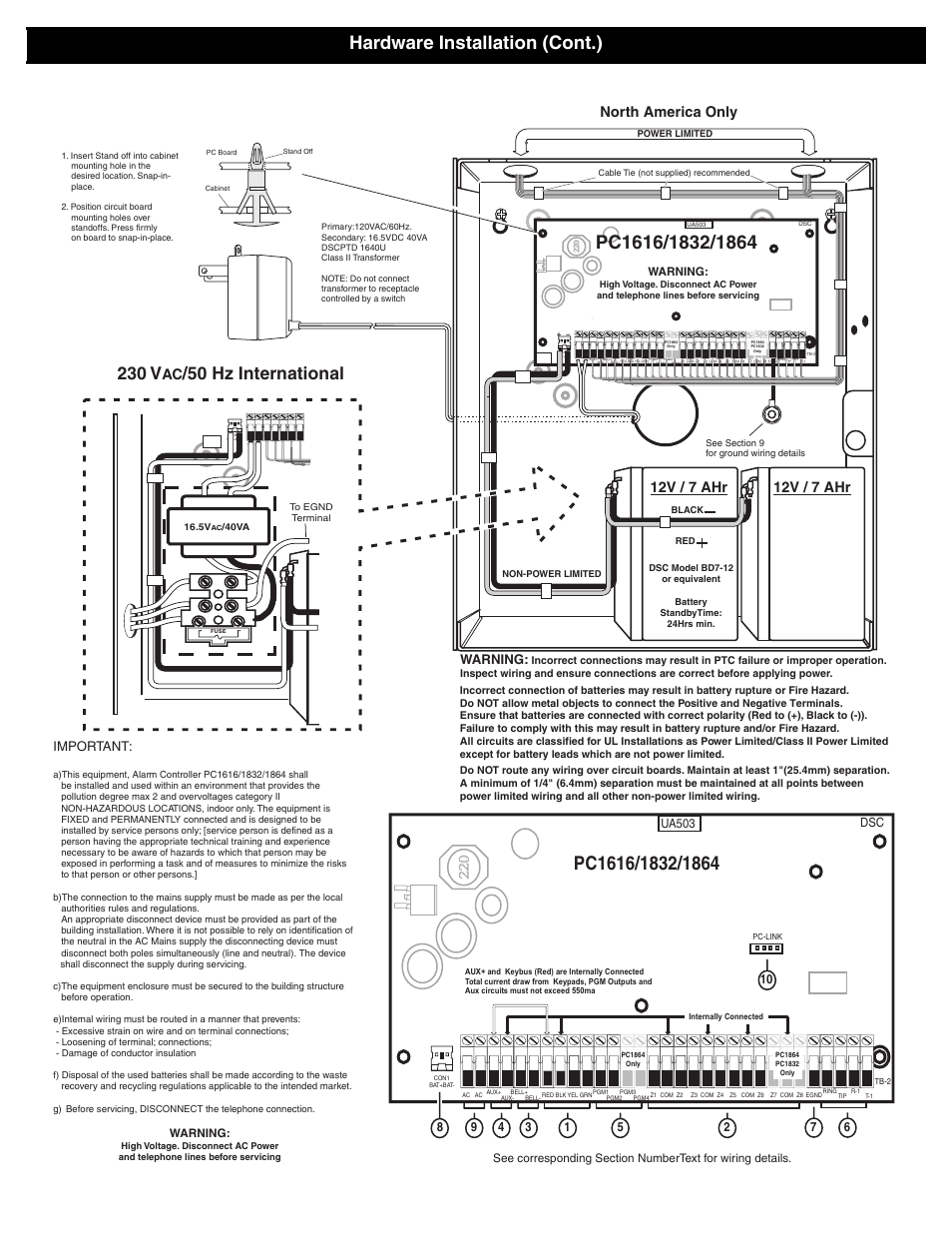 Hardware installation (cont.), 12v / 7 ahr, 12v / 7 ahr north america only | Warning, Important, Ua503 | DSC POWERSERIES PC1616 User Manual | Page 3 / 16