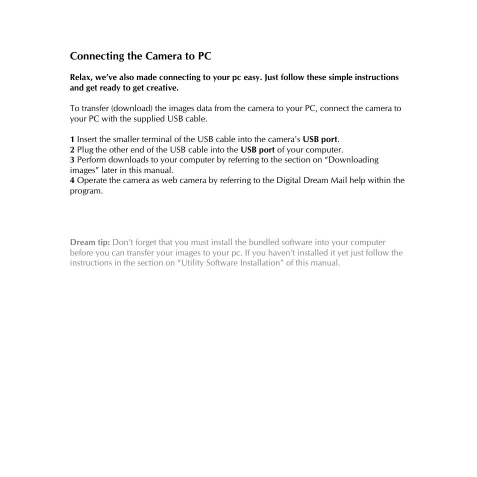 Connecting the camera to pc | Digital Dream sportsman User Manual | Page 25 / 34