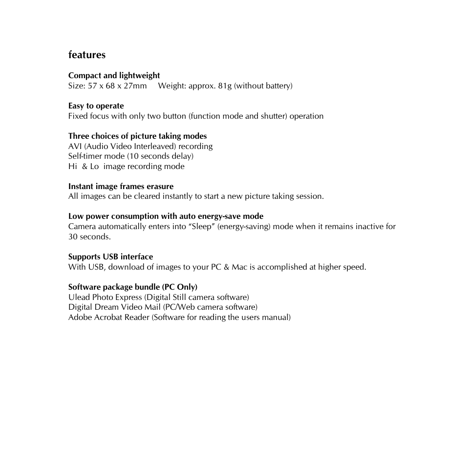 Features | Digital Dream sportsman User Manual | Page 5 / 34
