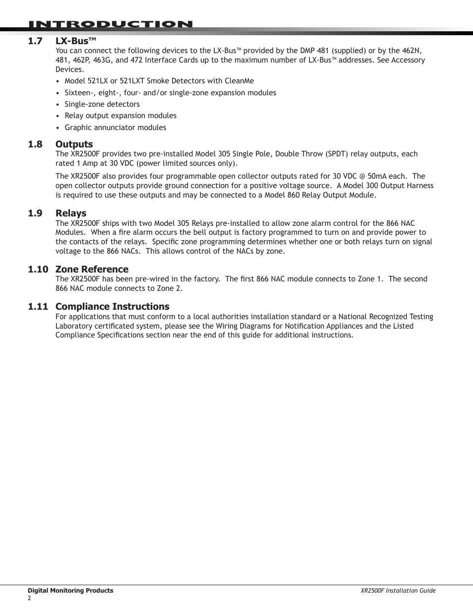7 lx-bus, 8 outputs, 9 relays | 10 zone reference, 11 compliance instructions, Lx-bus, Outputs, Relays | DMP Electronics XR2500F User Manual | Page 10 / 60