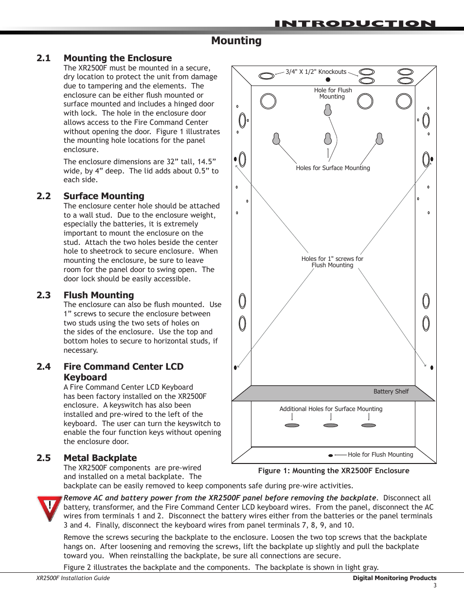 Mounting, 1 mounting the enclosure, 2 surface mounting | 3 flush mounting, 4 fire command center lcd keyboard, 5 metal backplate, Mounting the enclosure, Surface mounting, Flush mounting, Fire command center lcd keyboard | DMP Electronics XR2500F User Manual | Page 11 / 60