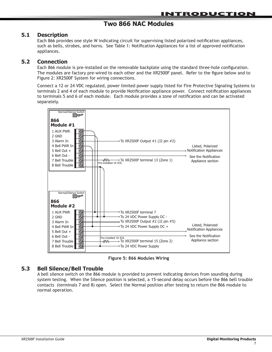 Two 866 nac modules, 1 description, 2 connection | 3 bell silence/bell trouble, Description, Connection, Bell silence/bell trouble, Introduction | DMP Electronics XR2500F User Manual | Page 15 / 60