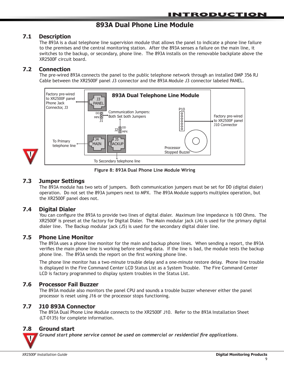 893a dual phone line module, 1 description, 2 connection | 3 jumper settings, 4 digital dialer, 5 phone line monitor, 6 processor fail buzzer, 7 j10 893a connector, 8 ground start, Description | DMP Electronics XR2500F User Manual | Page 17 / 60