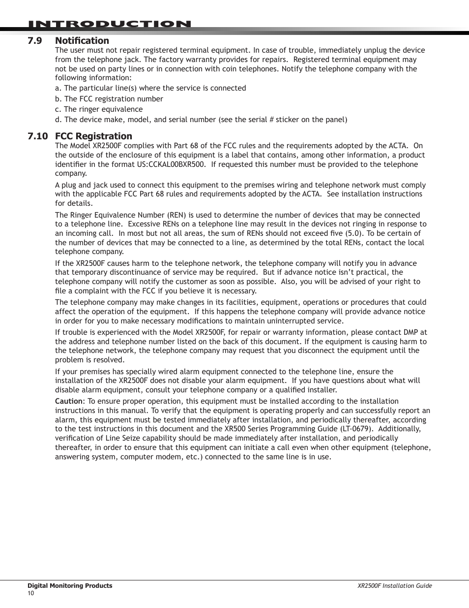 9 notification, 10 fcc registration, Notification | DMP Electronics XR2500F User Manual | Page 18 / 60