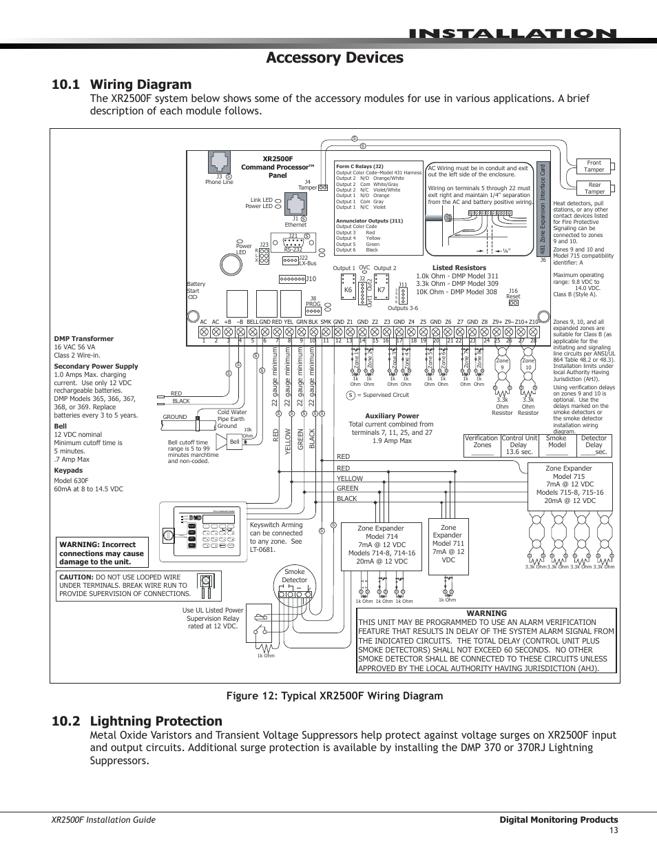 Accessory devices, 1 wiring diagram, 2 lightning protection | Installation, Power trouble alarm command | DMP Electronics XR2500F User Manual | Page 21 / 60