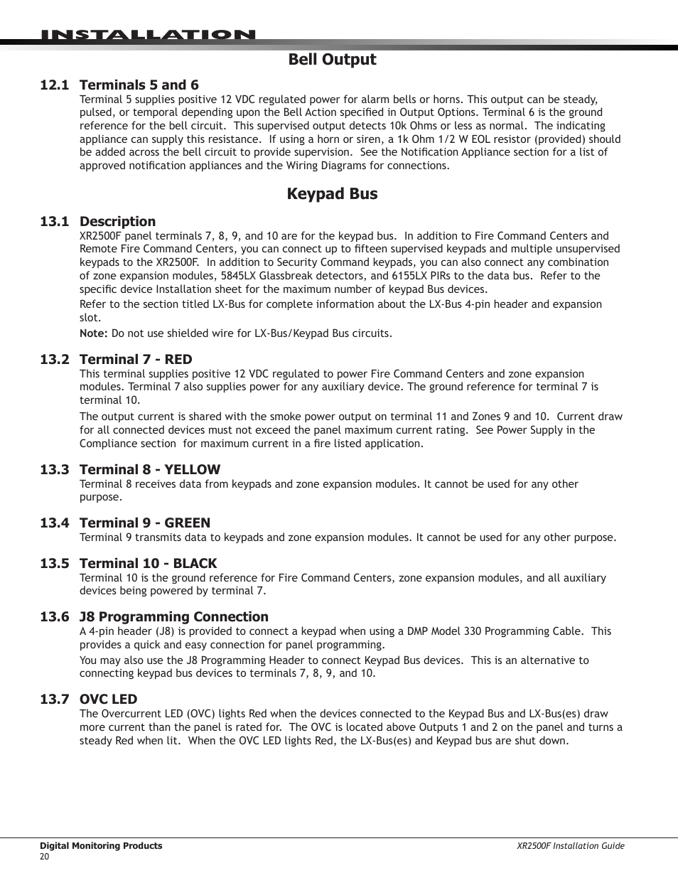 Bell output, 1 terminals 5 and 6, Keypad bus | 1 description, 2 terminal 7 - red, 3 terminal 8 - yellow, 4 terminal 9 - green, 5 terminal 10 - black, 6 j8 programming connection, 7 ovc led | DMP Electronics XR2500F User Manual | Page 28 / 60