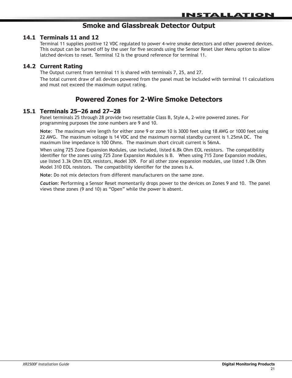 Smoke and glassbreak detector output, 1 terminals 11 and 12, 2 current rating | Powered zones for 2-wire smoke detectors, 1 terminals 25–26 and 27–28 | DMP Electronics XR2500F User Manual | Page 29 / 60