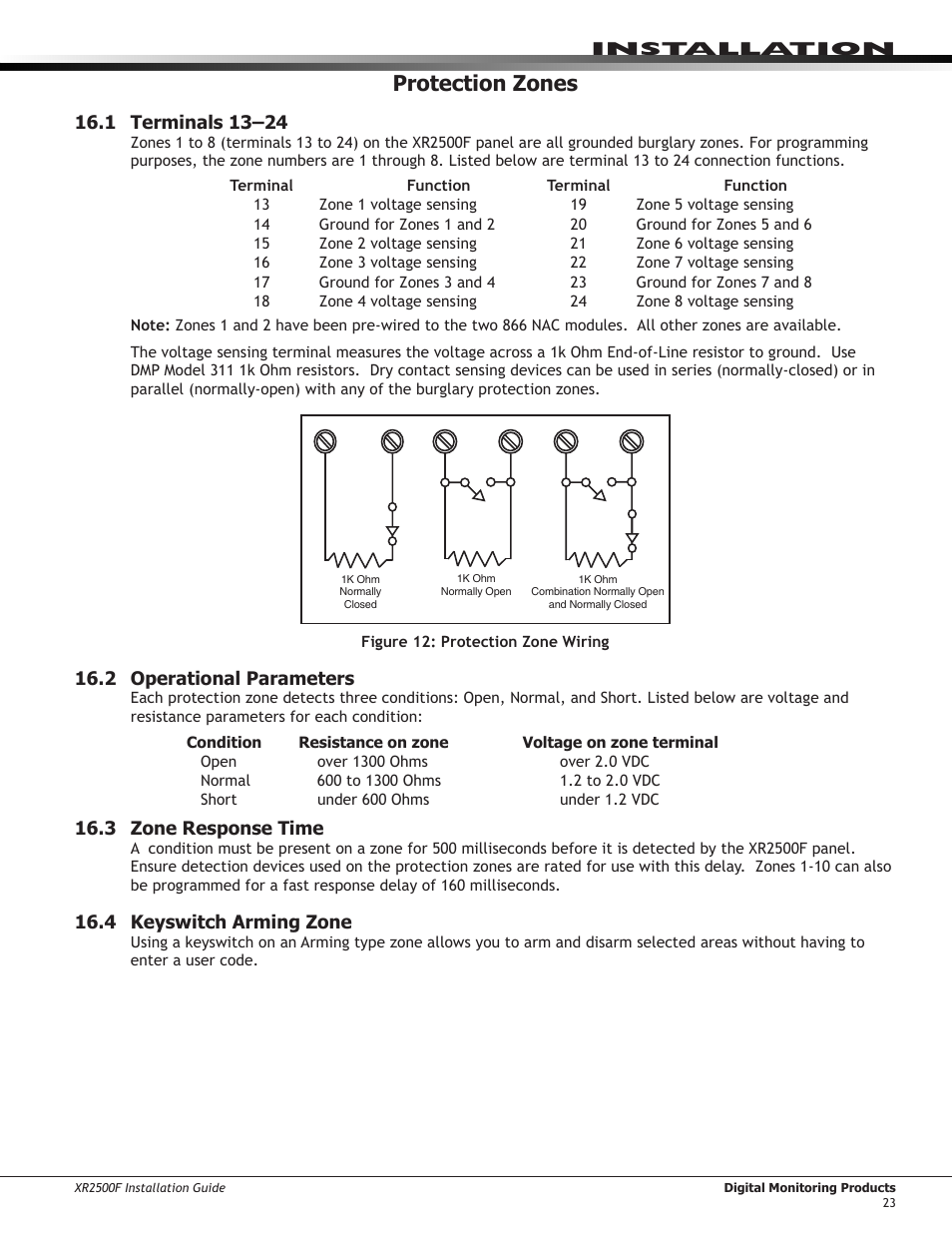 Protection zones, 1 terminals 13–24, 2 operational parameters | 3 zone response time, 4 keyswitch arming zone | DMP Electronics XR2500F User Manual | Page 31 / 60