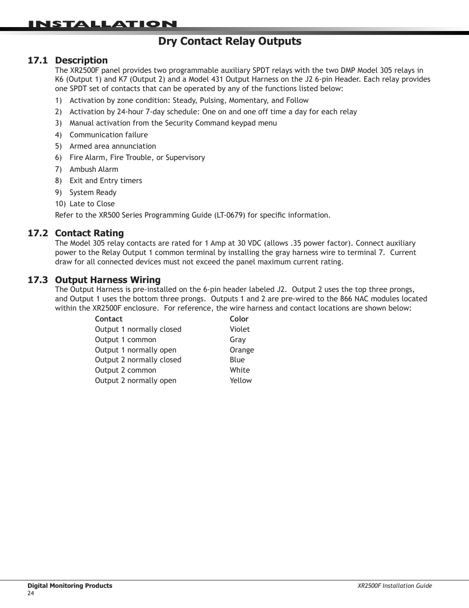 Dry contact relay outputs, 1 description, 2 contact rating | 3 output harness wiring | DMP Electronics XR2500F User Manual | Page 32 / 60