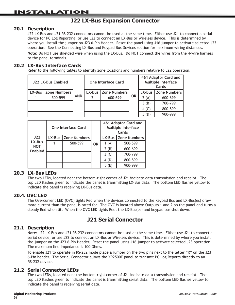 J22 lx-bus expansion connector, 1 description, 2 lx-bus interface cards | 3 lx-bus leds, Ovc led, J21 serial connector, 2 serial connector leds | DMP Electronics XR2500F User Manual | Page 34 / 60