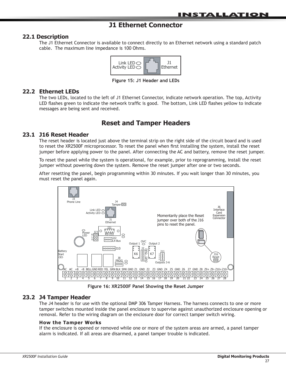 J1 ethernet connector, 1 description, 2 ethernet leds | Reset and tamper headers, 1 j16 reset header, 2 j4 tamper header, Installation, Figure 15: j1 header and leds | DMP Electronics XR2500F User Manual | Page 35 / 60