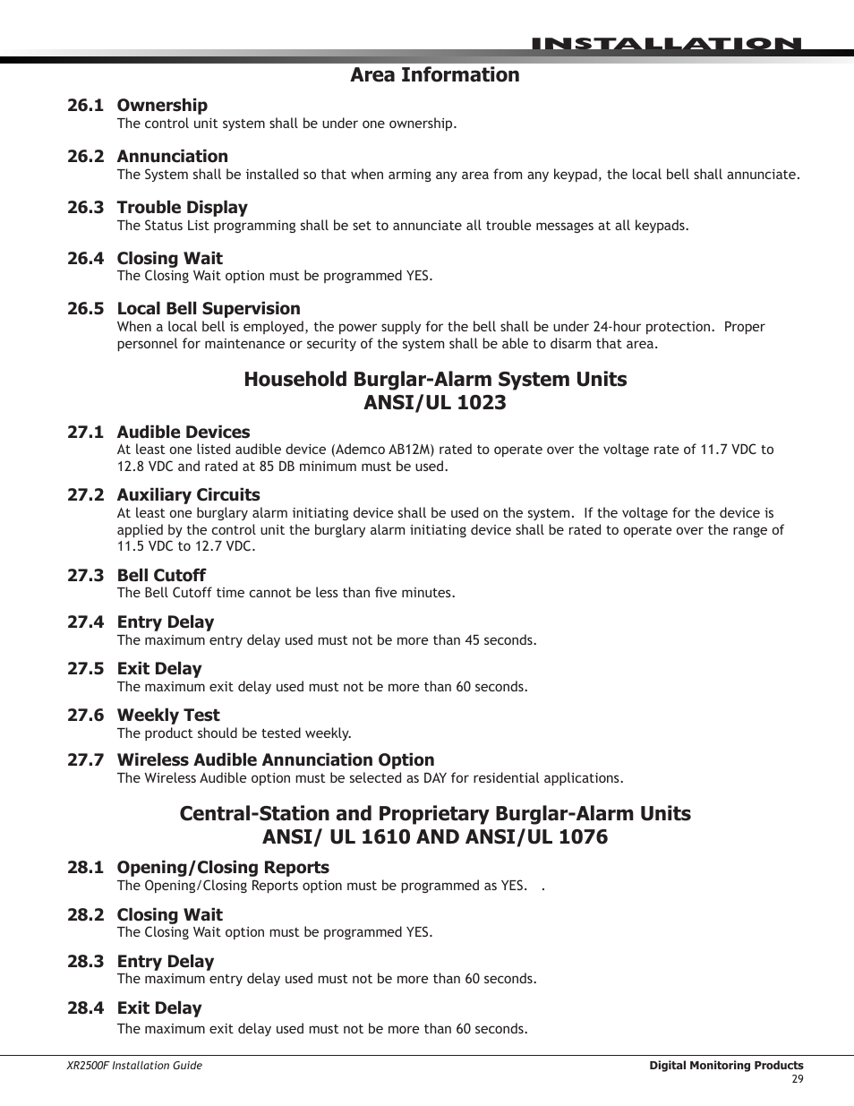 Area information, 1 ownership, 2 annunciation | 3 trouble display, 4 closing wait, 5 local bell supervision, Household burglar-alarm system unitsansi/ul 1023, 1 audible devices, 2 auxiliary circuits, 3 bell cutoff | DMP Electronics XR2500F User Manual | Page 37 / 60