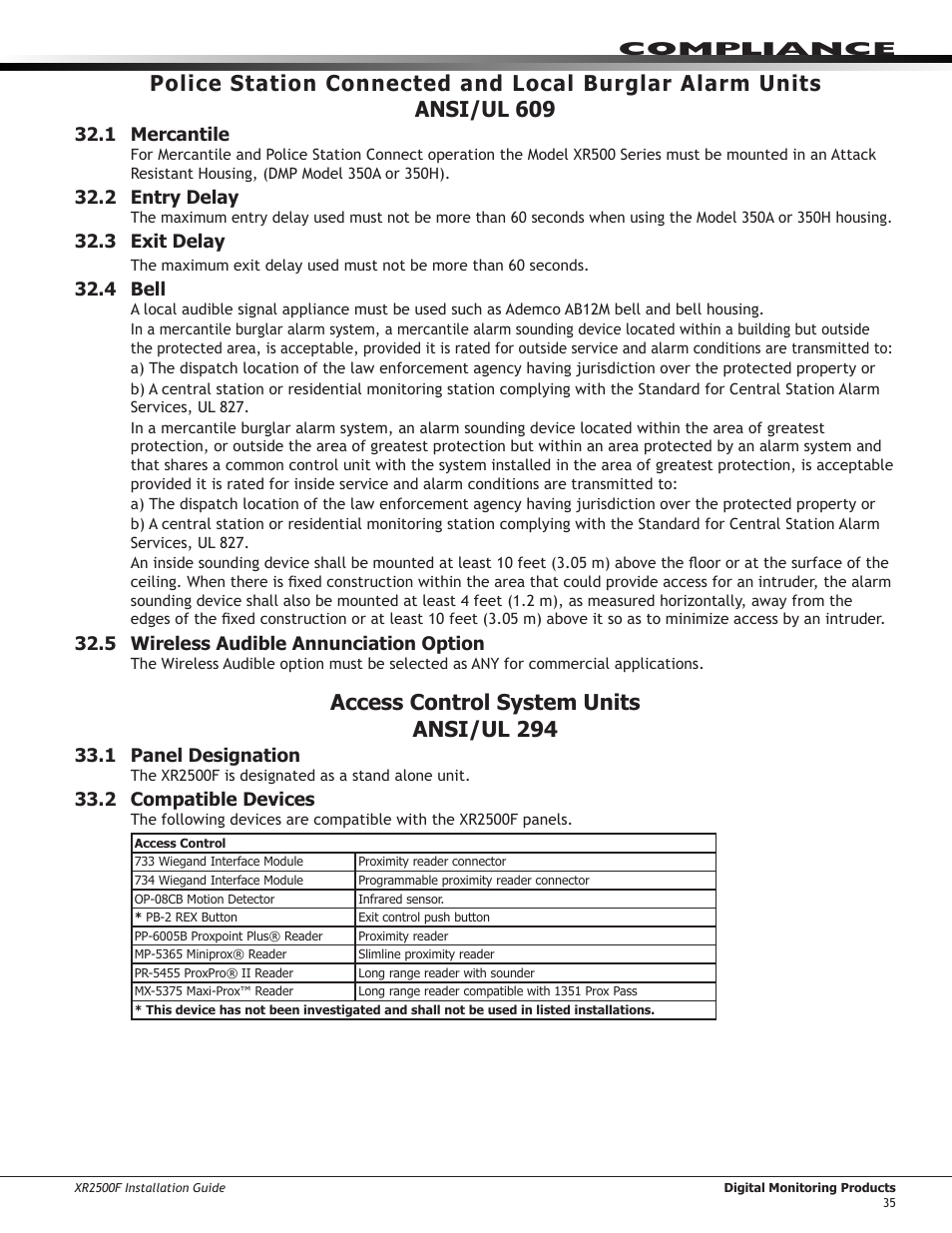 1 mercantile, 2 entry delay, 3 exit delay | 5 bell, 7 wireless audible annunciation option, Access control system unitsansi/ul 294, 1 panel designation, 2 compatible devices, Ansi/ul 609, 4 bell | DMP Electronics XR2500F User Manual | Page 43 / 60