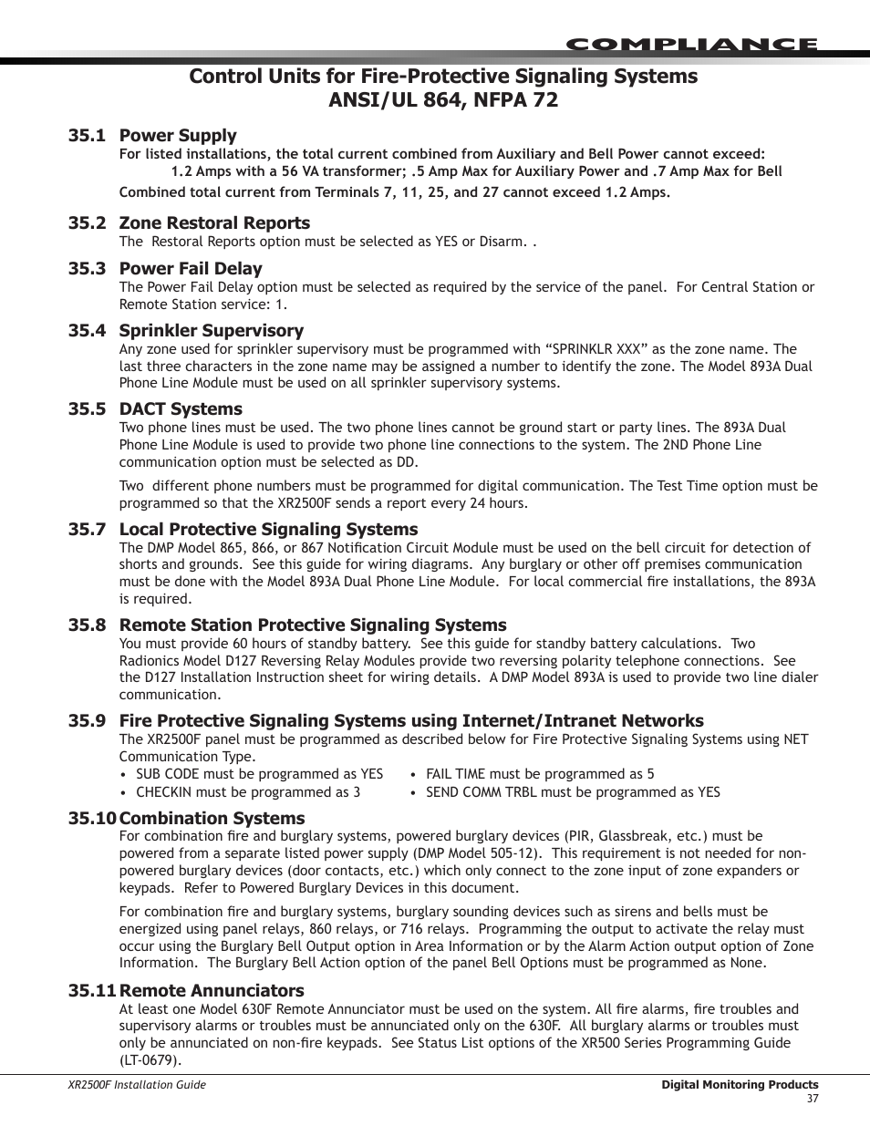 1 power supply, 2 zone restoral reports, 3 power fail delay | 4 sprinkler supervisory, 5 dact systems, 7 local protective signaling systems, 8 remote station protective signaling systems, 10 combination systems, 11 remote annunciators, Ansi/ul 864, nfpa 72 | DMP Electronics XR2500F User Manual | Page 45 / 60