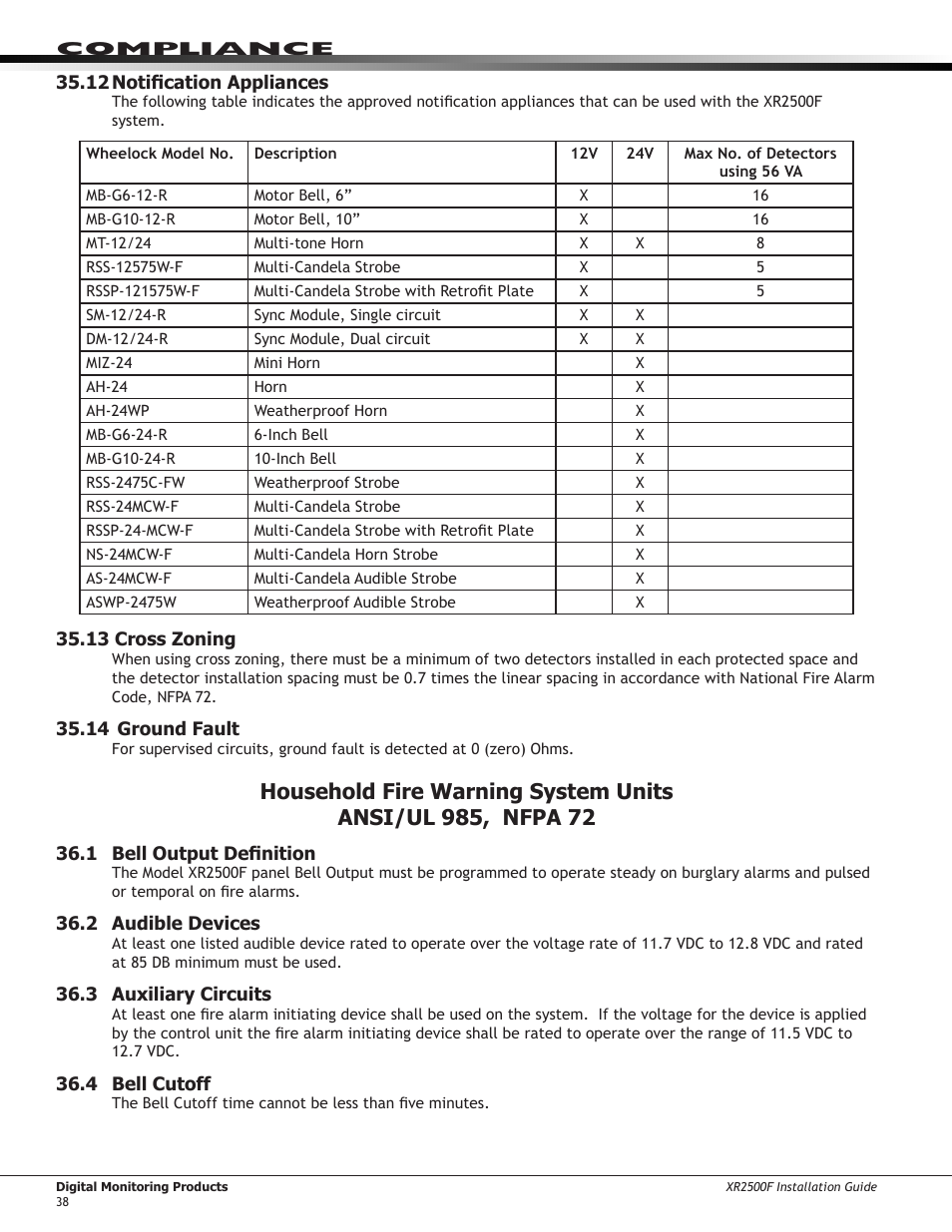 12 notification appliances, 13 cross zoning, 14 ground fault | 1 bell output definition, 2 audible devices, 3 auxiliary circuits, 4 bell cutoff, Household fire warning system units, Ansi/ul 985, nfpa 72 | DMP Electronics XR2500F User Manual | Page 46 / 60