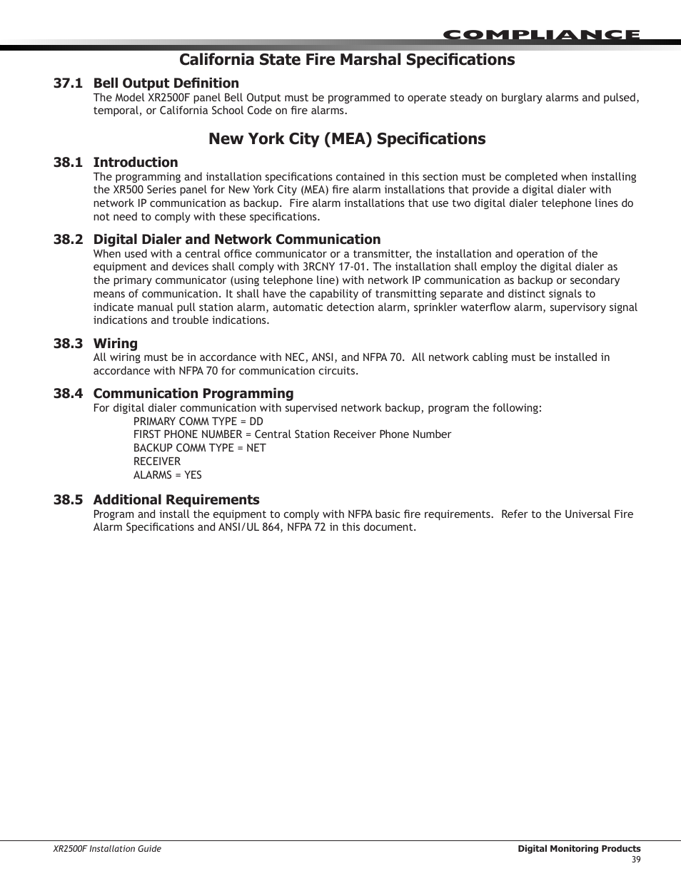 California state fire marshal specifications, 1 bell output definition, New york city (mea) specifications | 1 introduction, 2 digital dialer and network communication, 3 wiring, 4 communication programming, 5 additional requirements | DMP Electronics XR2500F User Manual | Page 47 / 60