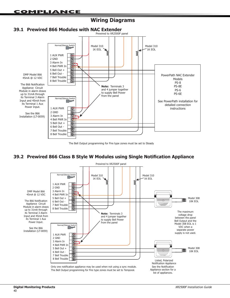 Wiring diagrams, 1 prewired 866 modules with nac extender, Compliance | DMP Electronics XR2500F User Manual | Page 48 / 60