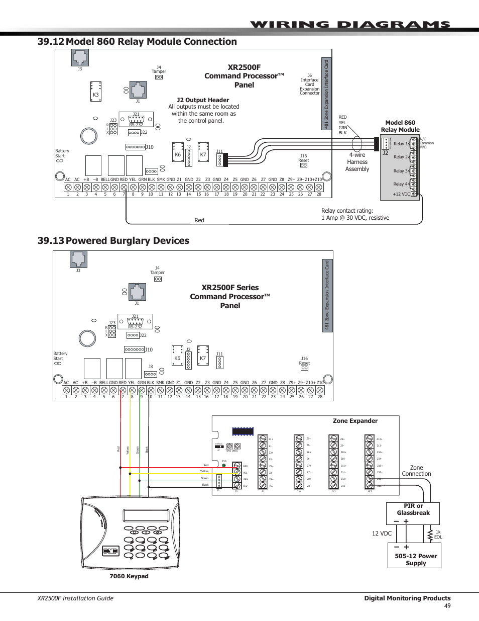 12 model 860 relay module connection, 13 powered burglary devices, Xr2500f command processor™ panel | Xr2500f series command processor™ panel | DMP Electronics XR2500F User Manual | Page 57 / 60