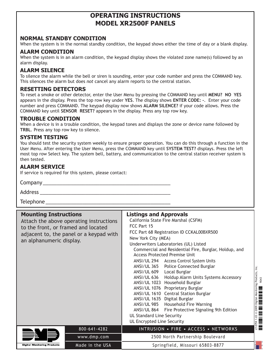 Operating instructions model xr2500f panels, Mounting instructions, Listings and approvals | DMP Electronics XR2500F User Manual | Page 60 / 60