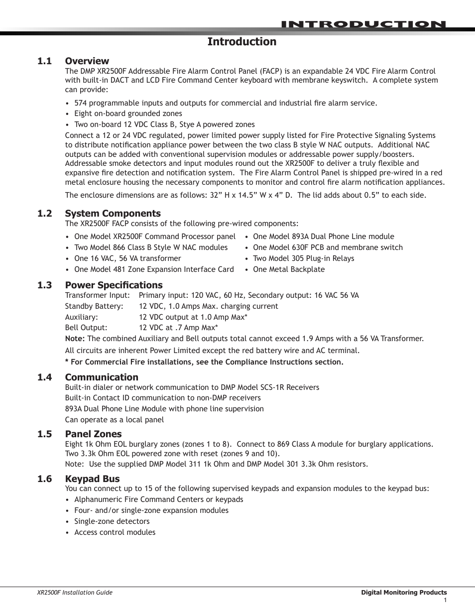 Introduction, 1 overview, 2 system components | 3 power specifications, 4 communication, 5 panel zones, 6 keypad bus, Overview, System components, Power specifications | DMP Electronics XR2500F User Manual | Page 9 / 60