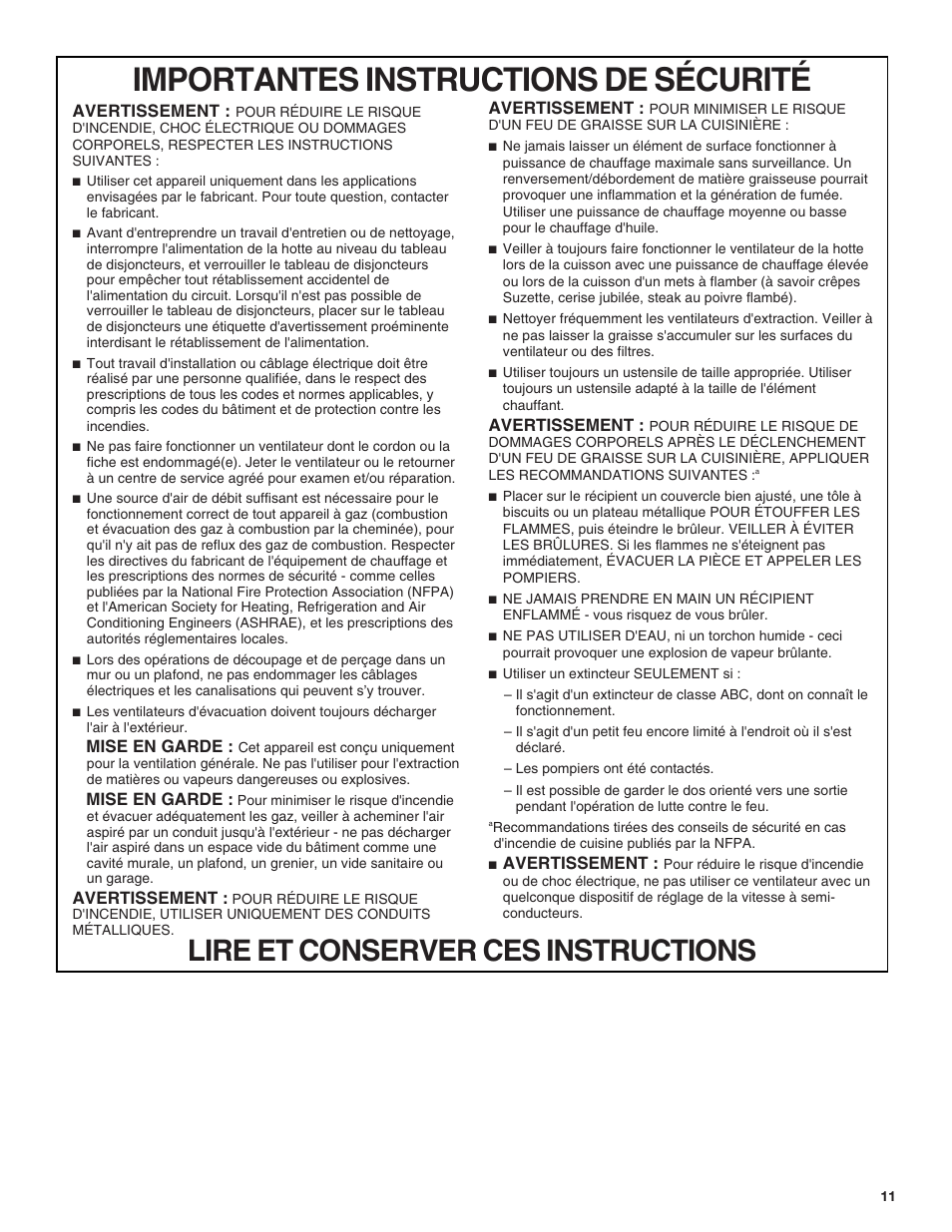 Importantes instructions de sécurité, Lire et conserver ces instructions | JennAir Custom Series 15 Inch Induction Wok Installation Instructions User Manual | Page 11 / 18