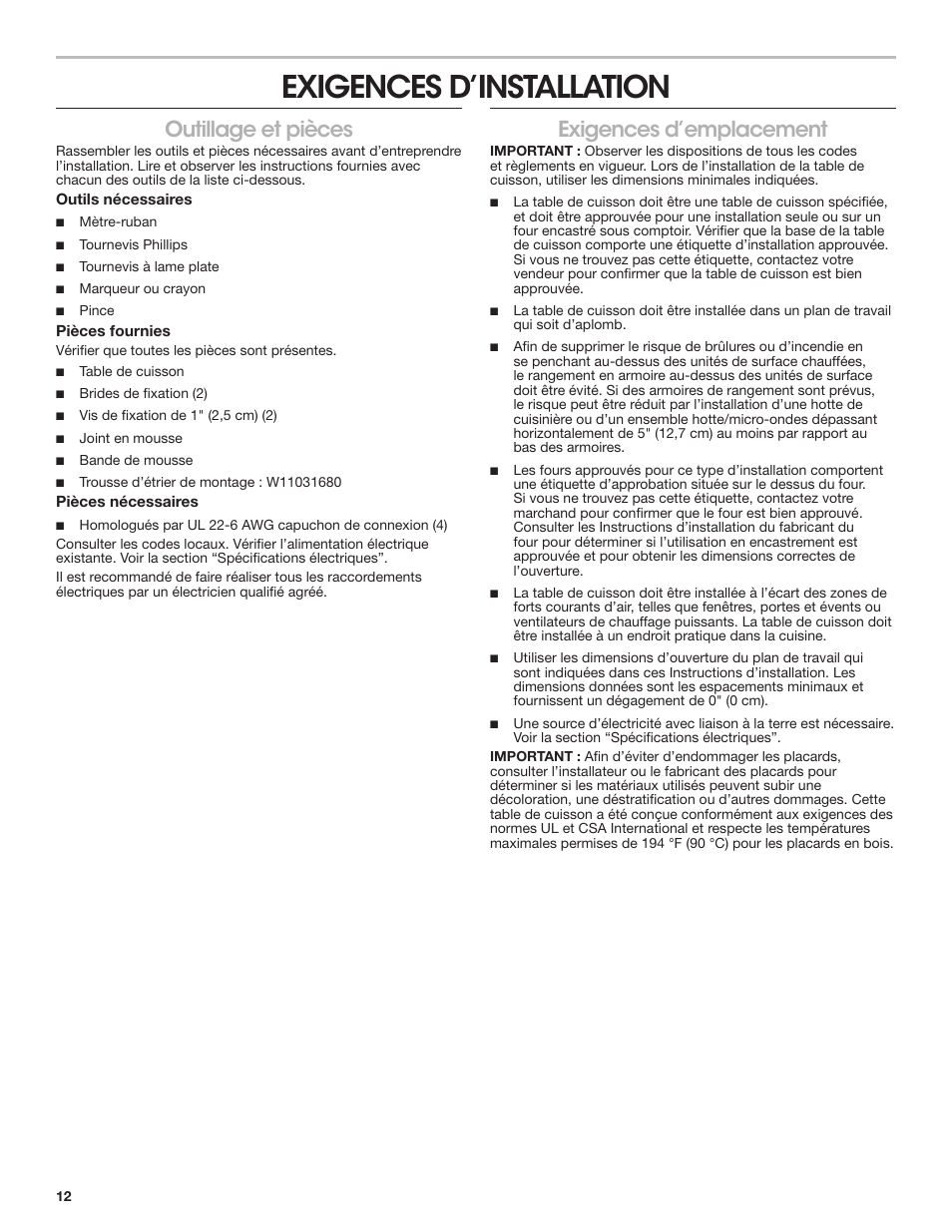 Exigences d’installation, Outillage et pièces, Exigences d’emplacement | Outillage et pièces exigences d’emplacement | JennAir Custom Series 15 Inch Induction Wok Installation Instructions User Manual | Page 12 / 18