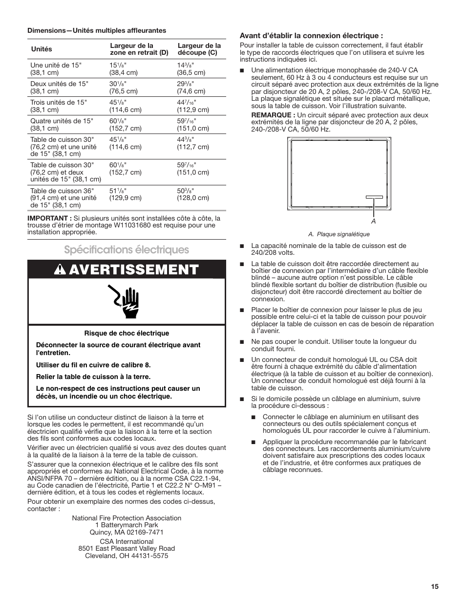 Spécifications électriques, Avertissement | JennAir Custom Series 15 Inch Induction Wok Installation Instructions User Manual | Page 15 / 18