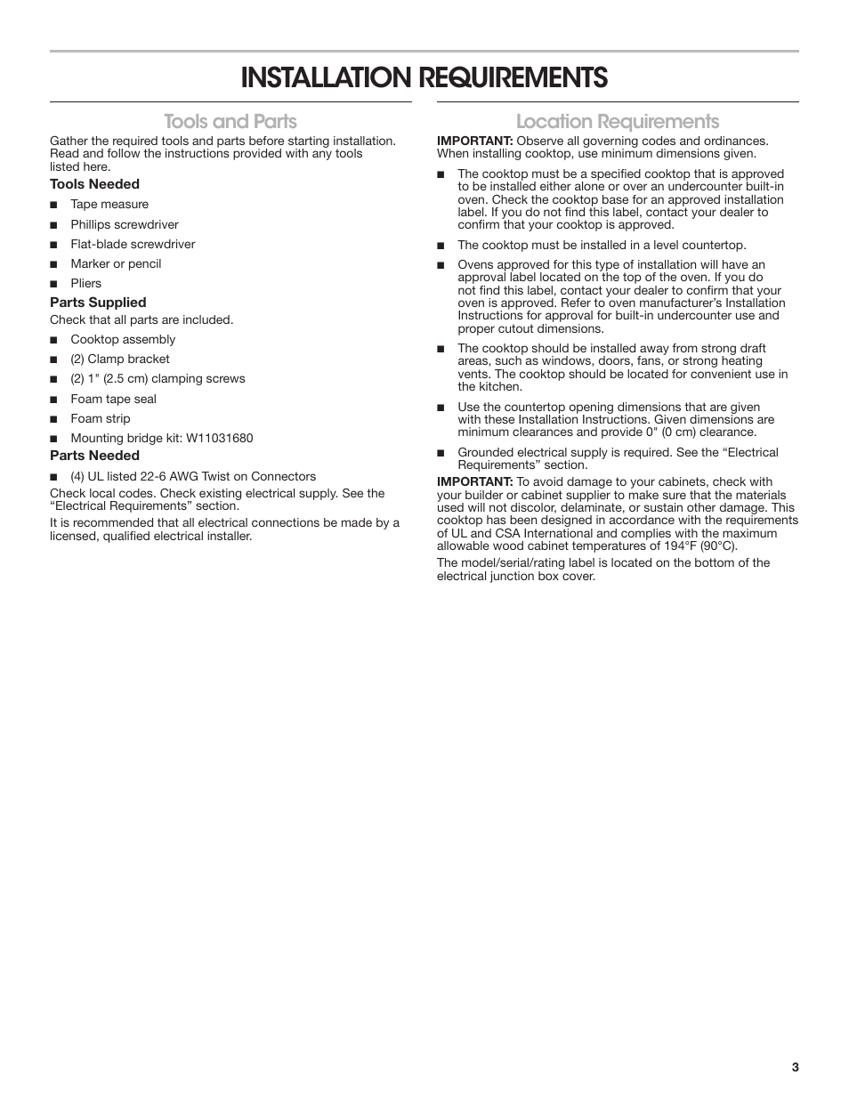 Installation requirements, Tools and parts, Location requirements | Tools and parts location requirements | JennAir Custom Series 15 Inch Induction Wok Installation Instructions User Manual | Page 3 / 18