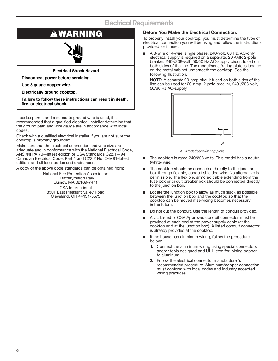 Electrical requirements, Warning | JennAir Custom Series 15 Inch Induction Wok Installation Instructions User Manual | Page 6 / 18