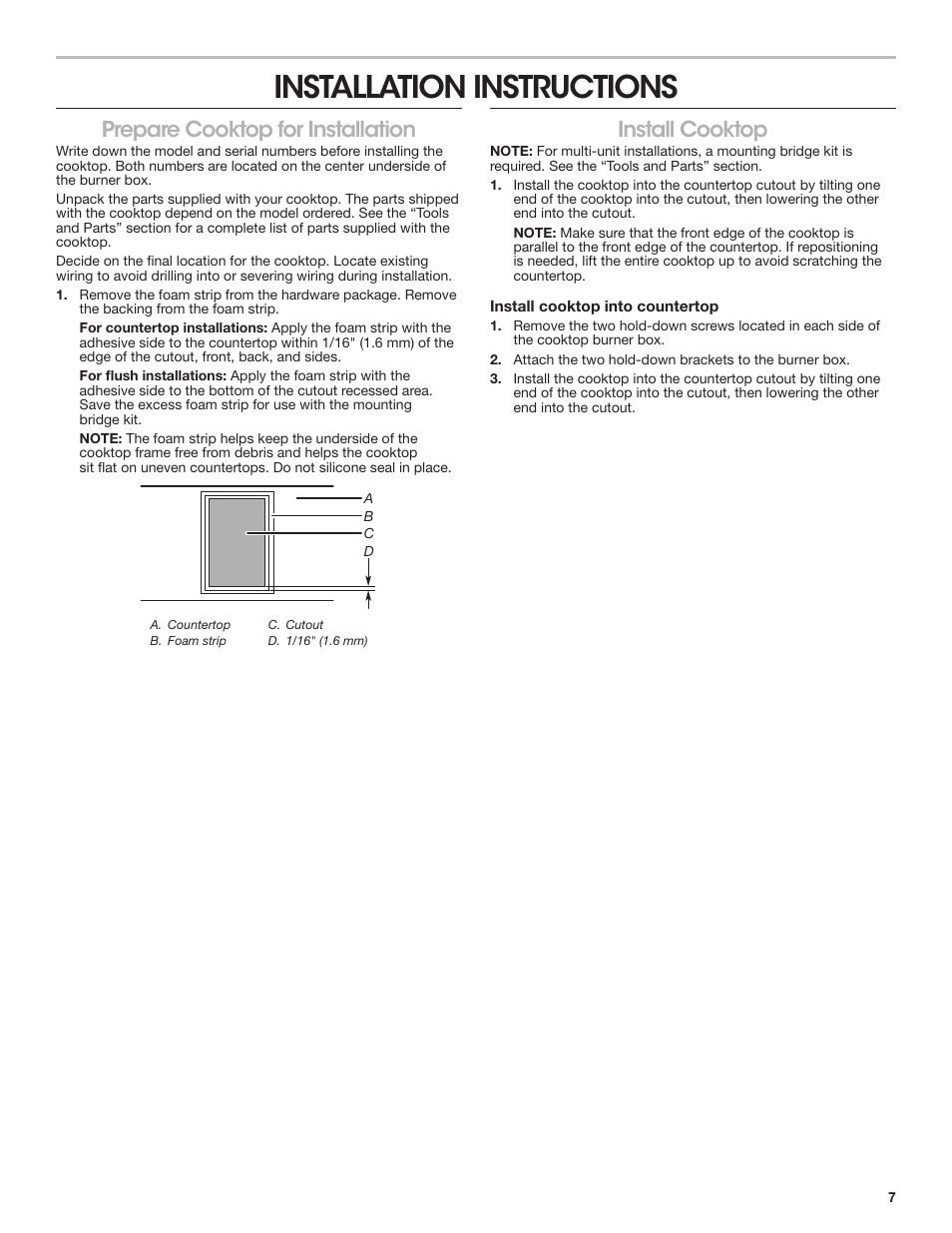 Installation instructions, Prepare cooktop for installation, Install cooktop | Prepare cooktop for installation install cooktop | JennAir Custom Series 15 Inch Induction Wok Installation Instructions User Manual | Page 7 / 18