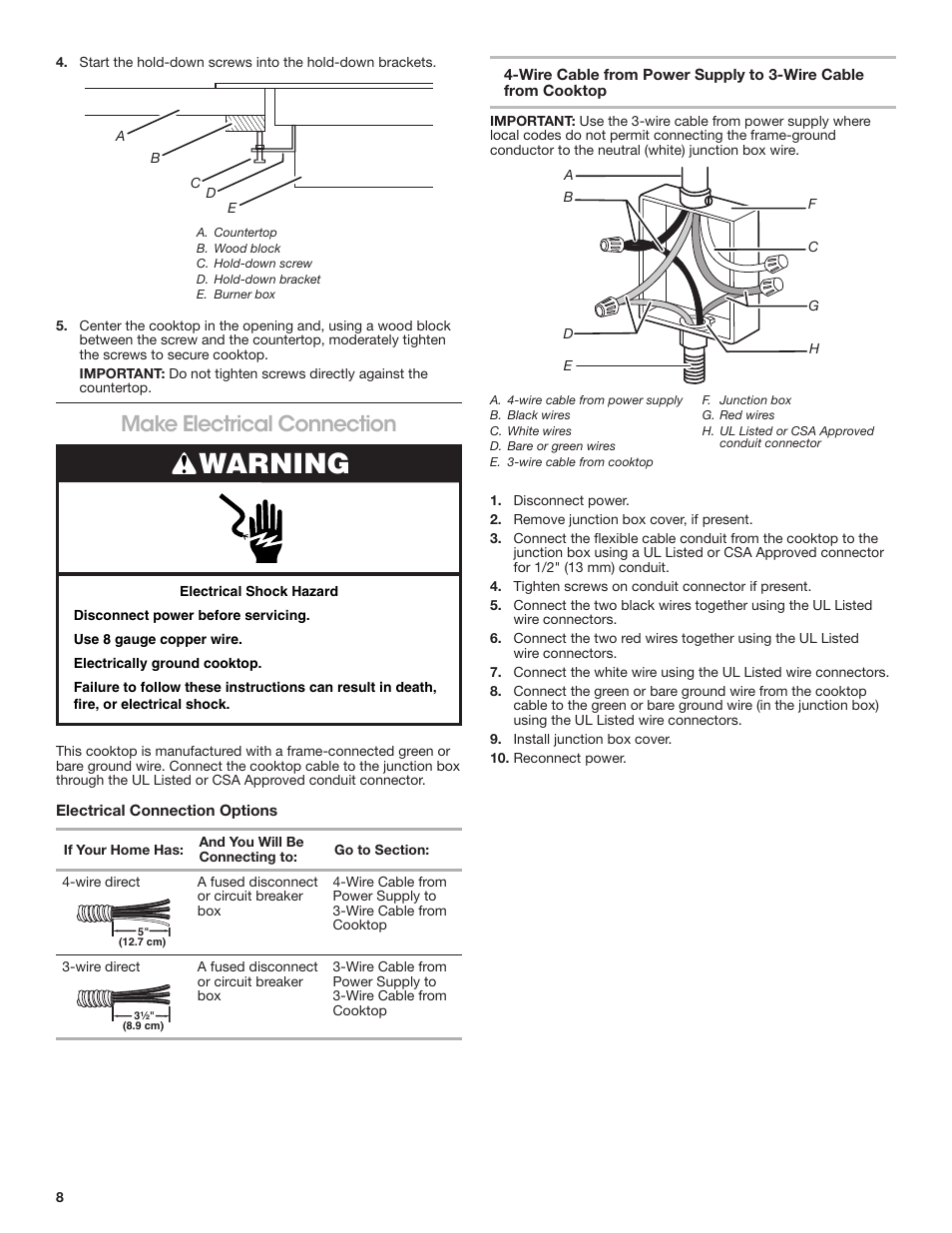 Make electrical connection, Warning | JennAir Custom Series 15 Inch Induction Wok Installation Instructions User Manual | Page 8 / 18