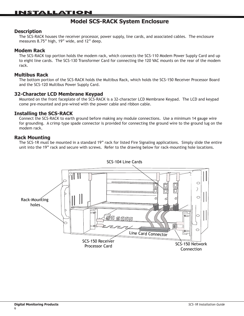 Model scs-rack system enclosure, Description, Modem rack | Multibus rack, Character lcd membrane keypad, Installing the scs-rack, Rack mounting | DMP Electronics Security Control Receiver SCS-1R User Manual | Page 11 / 42