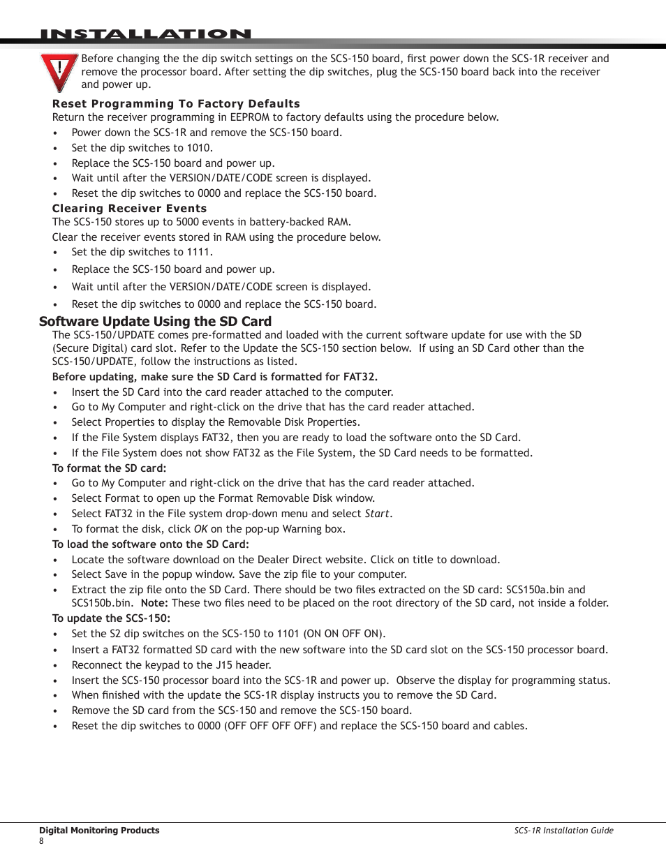 Reset programming to factory defaults, Clearing receiver events, Software update using the sd card | DMP Electronics Security Control Receiver SCS-1R User Manual | Page 13 / 42