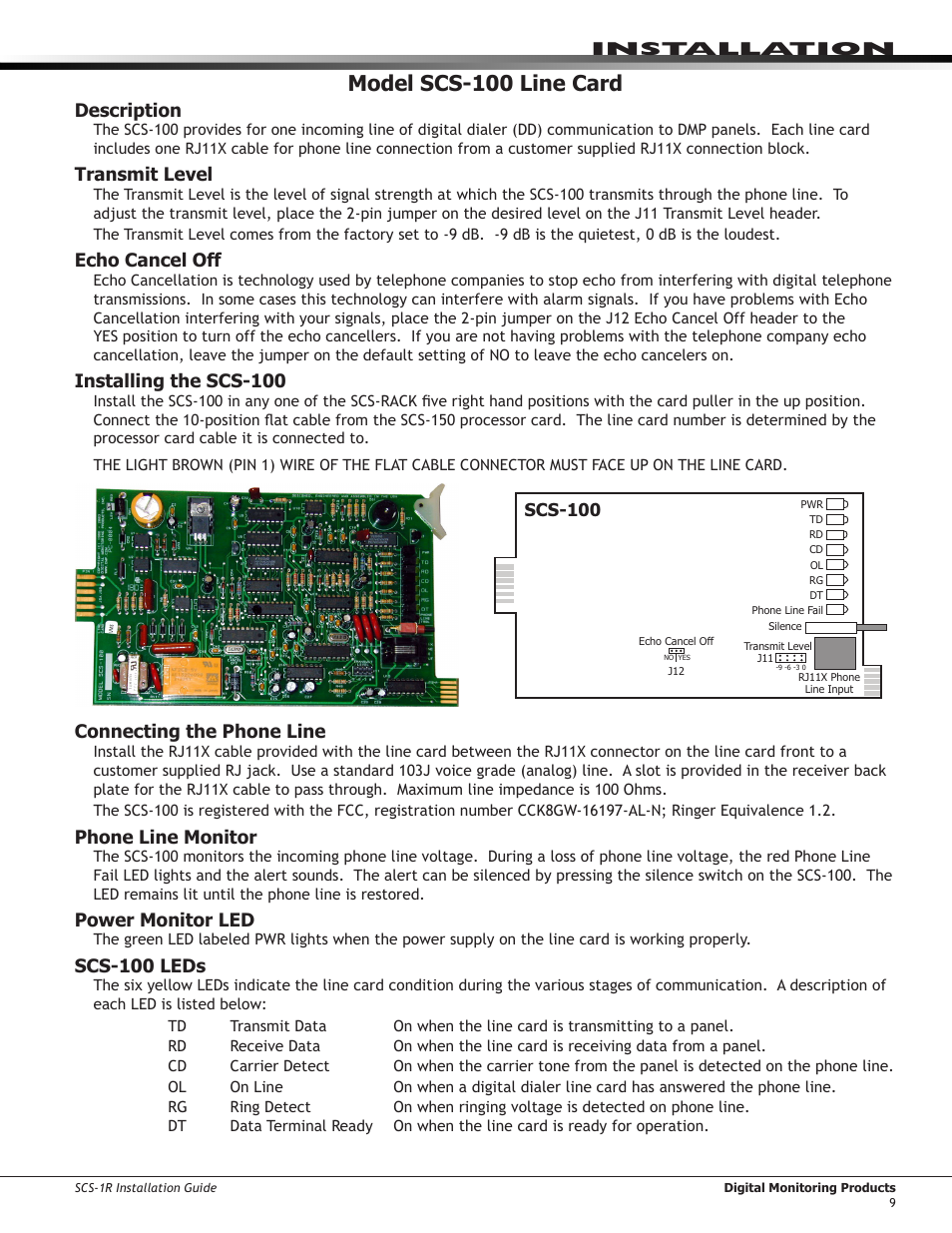 Model scs-100 line card, Description, Transmit level | Echo cancel off, Installing the scs-100, Connecting the phone line, Phone line monitor, Power monitor led, Scs-100 leds, Installation | DMP Electronics Security Control Receiver SCS-1R User Manual | Page 14 / 42