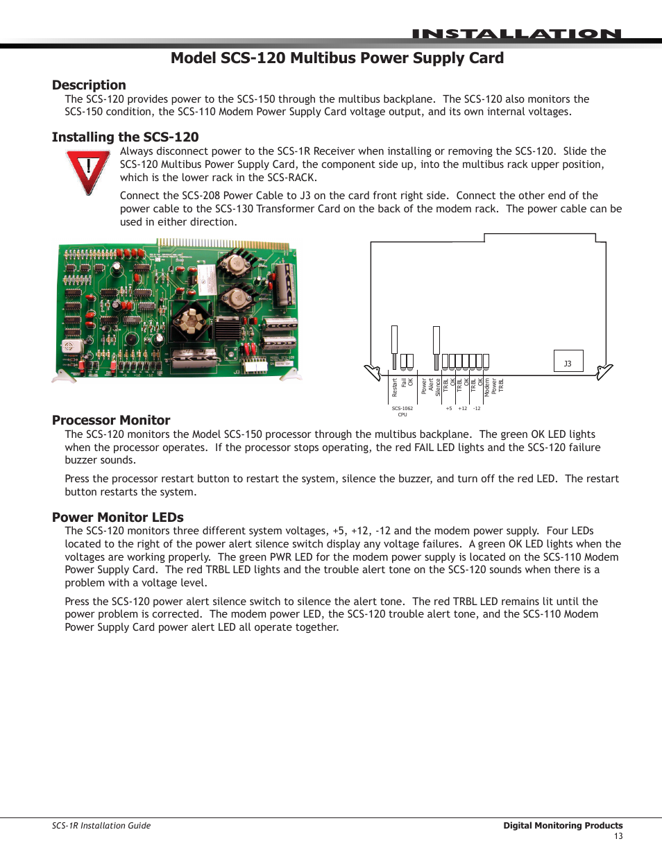 Model scs-120 multibus power supply card, Description, Installing the scs-120 | Processor monitor, Power monitor leds, Installation | DMP Electronics Security Control Receiver SCS-1R User Manual | Page 18 / 42