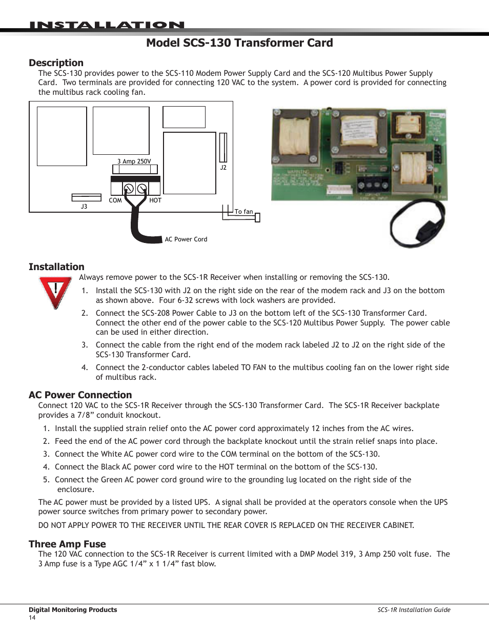 Model scs-130 transformer card, Description, Installation | Ac power connection, Three amp fuse | DMP Electronics Security Control Receiver SCS-1R User Manual | Page 19 / 42